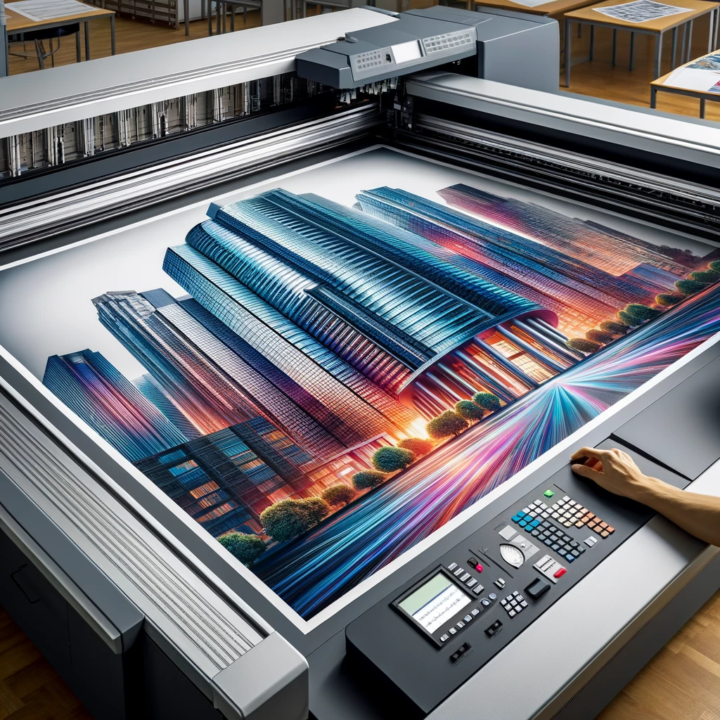 Detailed view of a large-format architectural print in a San Diego reprographics facility.